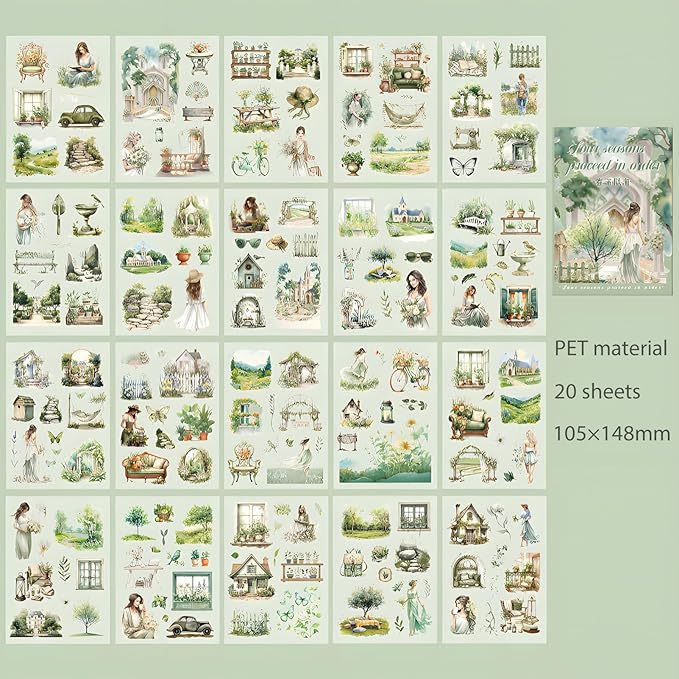 Snycler 20 Sheets PET Stickers - Vintage Journaling, Scrapbooking Supplies, DIY Craft Stickers for Junk Journals, Ephemera Sticker Book, Seasonal Themes (Spring), Pre-Cut Designs