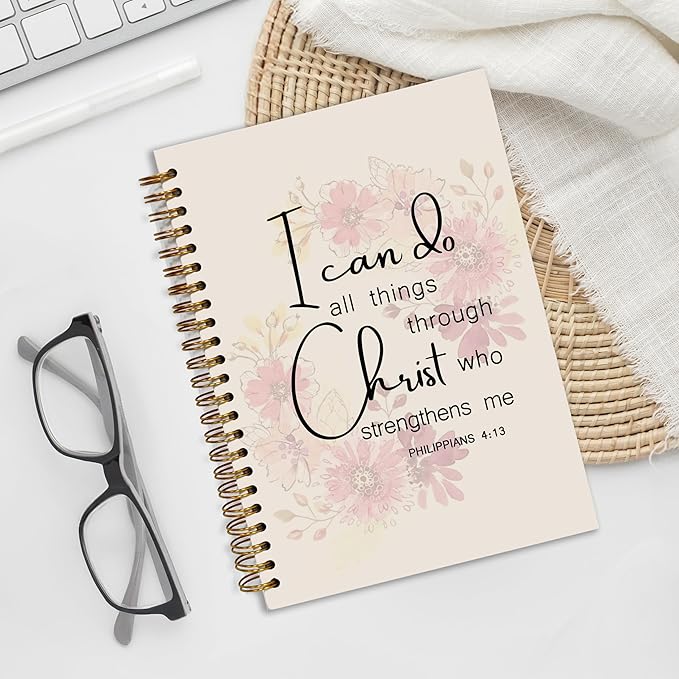 Bible Notebook, A5 Spiral Christian Journal with Pink Floral Notebook, Bible Verse-I Can Do All Things Through Christ Who Strengthens Me, Inspirational Notebooks for Women, Gift for Birthday Christmas