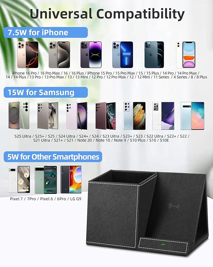 Pen Holder with Wireless Charger, PU Leather Pencil Holder for Desk, Multi-Functional Desktop Organizer, Desk Organizers and Accessories for Home School Office Supplies, Black