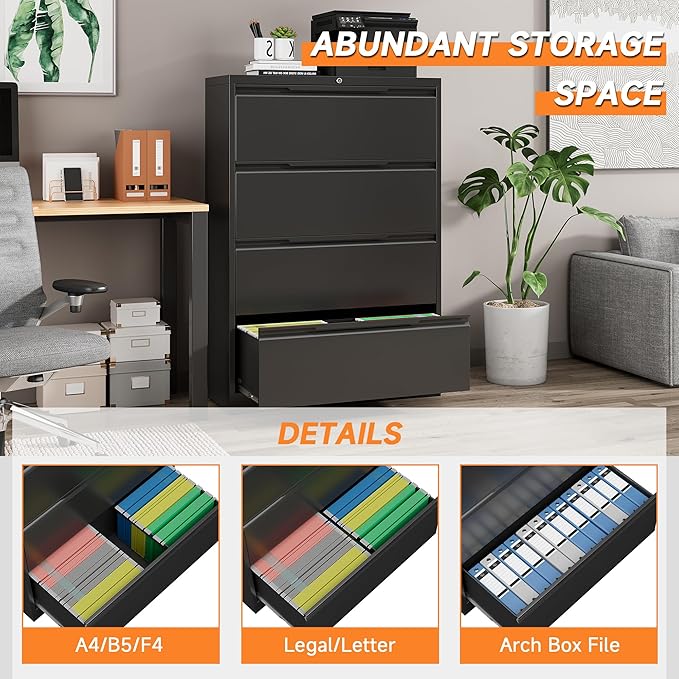 File Cabinet, 4 Drawer Metal File Cabinet with Lock, Lateral File Cabinet for Home and Office, Lateral File Cabinet for A4 Legal/Letter Size, Assembly Required (Black, 4 Drawer)