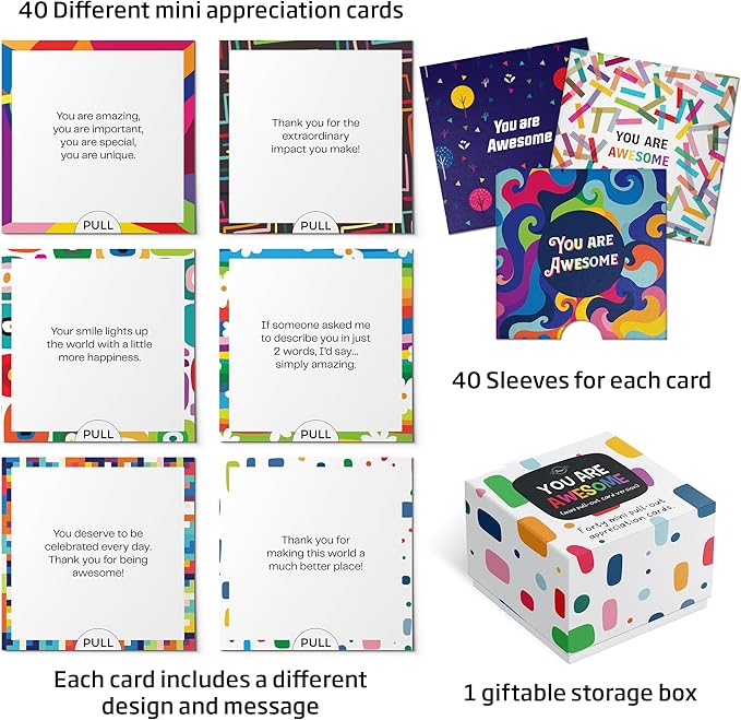 Dessie Awesome Mini Encouragement Cards - 40 Unique Cards w/Inspirational Messages, 2.5" x 2.5". Employee & Teacher Appreciation Gifts in Bulk