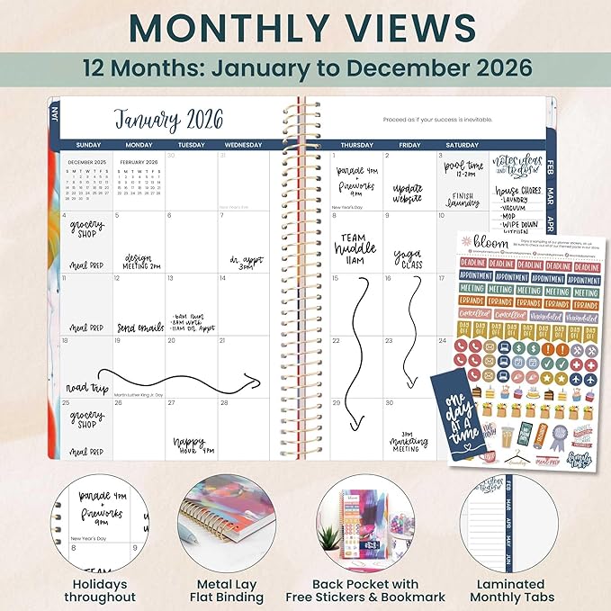 bloom daily planners 2026 Planner (January - December) Calendar Year Organizer - 5.5” x 8.25” - Weekly & Monthly Agenda Book with Stickers & Bookmark - Brilliant Brushstrokes