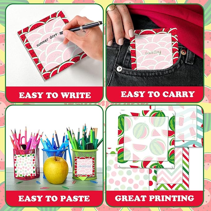 9 Pieces Summer Watermelon Sticky Notes Adhesive Cute Watermelon Memo Notes 3 X 3 Inch Self-Stick Note Pads for School Office Home Supplies Students Teachers Presents, 9 Styles