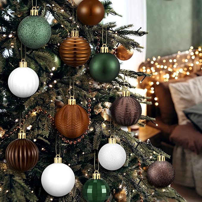 64 Pcs Neutral Christmas Ball Ornaments Brown Green White Xmas Bulbs Ornament 1.6/1.97/2.4 Inch Vintage Xmas Baubles Assorted Size Modern Christmas Decoration for Tree Holiday Indoor Home Decor