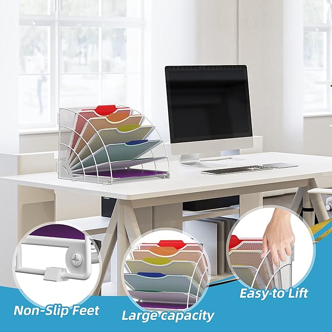 SUPEASY Fan Shaped Desk File Organizer, 6 Compartments for Filing Paper Bills, Letters, Desk Accessories for Workspace, School, Office, Waiting Room, Classroom Storage, White
