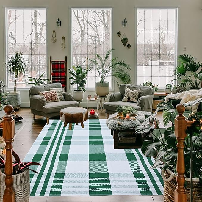 Christmas Plaid Outdoor Rug, 4' x 6' Green&White Checkered Indoor/Outdoor Area Rug, Layering Rug for Hello/Welcome Door Mat, Machine Washable Cotton Woven Rug for Farmhouse Front Porch, Entryway