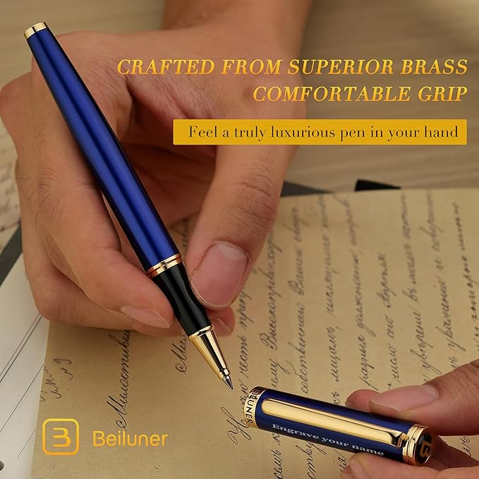 BEILUNER Blue Personalized Pen,Stunning Luxury Lacquer With 24K Gold,Schneider Ink Refills,Multiple Fonts To Custom Rollerball,Gift Pen For Men & Women,Executive,Graduation,Christmas,Nice Fancy Pens