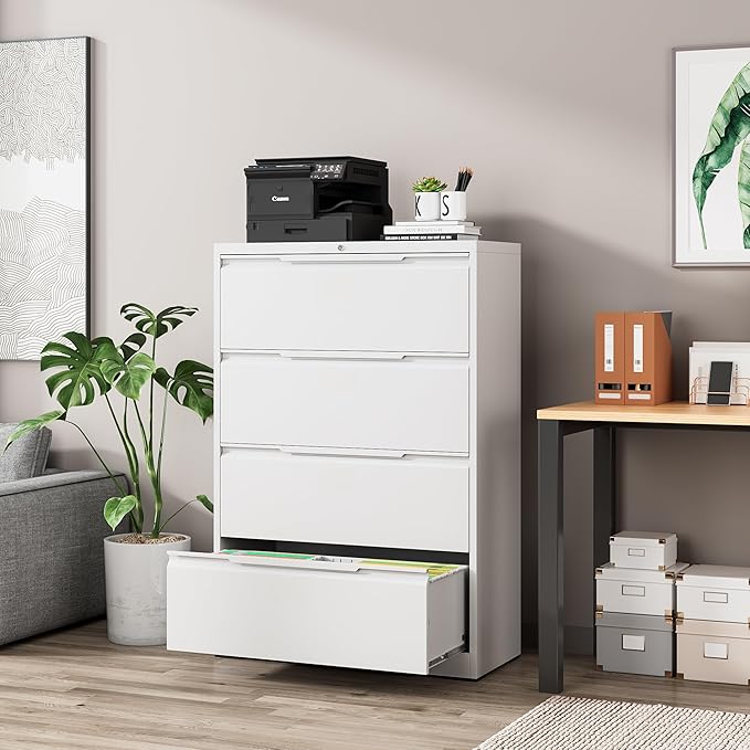 File Cabinet, 4 Drawer Metal File Cabinet with Lock, Lateral File Cabinet for Home and Office, Lateral File Cabinet for A4 Legal/Letter Size, Assembly Required (White, 4 Drawer)