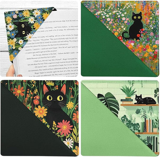 Black Cat Floral Corner Bookmarks 4 Pcs,Cute Funny Leather Bookmark Book Accessories for Book Lovers, Reading Book Page Markers for Women Men Kids Girls Boys Student Teacher Office Stationery