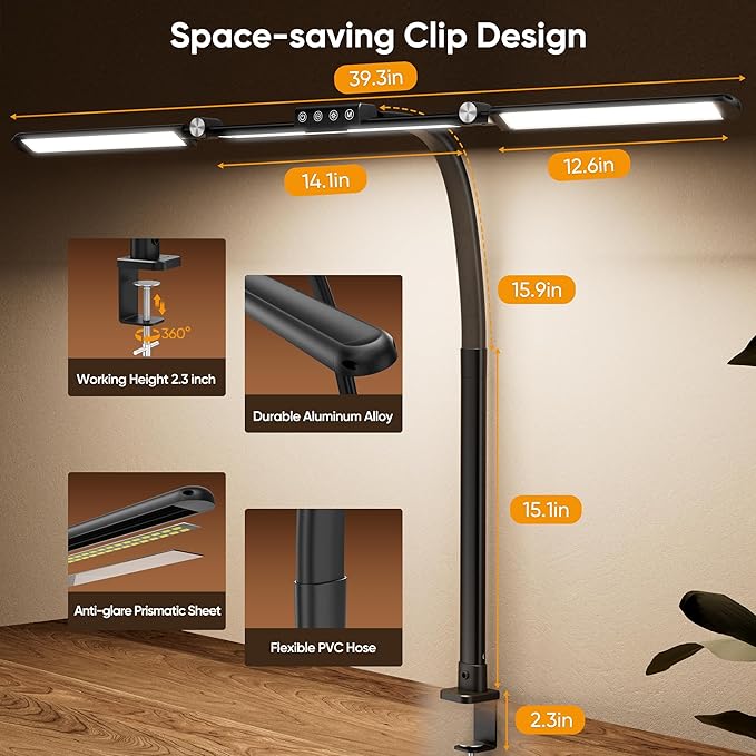 Large Desk Lamps for Home Office, 39.3" Architect Desk Lamp with Clamp, 24W Ultra Bright LED Desk Light Stepless Dimming Eye-Caring Office Desk Lamp for Study Work