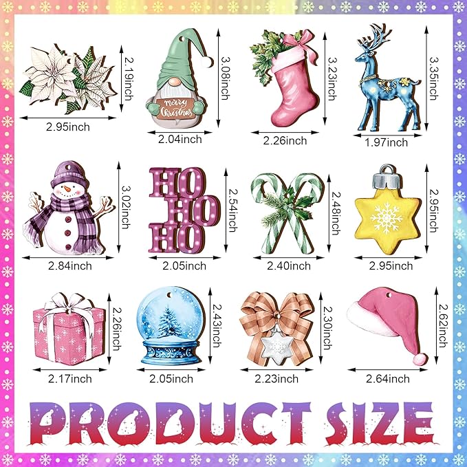 Huwena 36 Pcs Pastel Christmas Wooden Ornaments Pastel Christmas Decorations for Tree Snowman Gnomes Poinsettia Flowers Truck Wreath Wood Cutouts Tags with Ropes Winter Decor for Xmas Tree Gifts