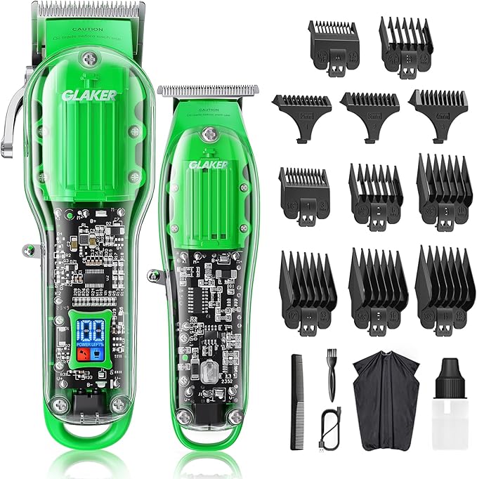 GLAKER Hair Clippers for Men Professional - Cordless Clippers and Trimmers Set, Complete Barber Kit for Hair Trimming & Beard Grooming, Mens Haircutting Kits for Blending & Fade Cuts (Green)
