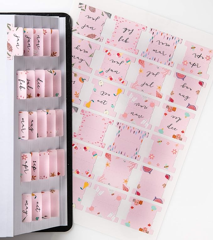 DiverseBee Laminated Planner - 24 Peel and Stick Tabs (12 Month, 12 Blank), Calendar Dividers (Rose)