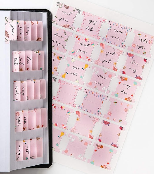DiverseBee Laminated Planner - 24 Peel and Stick Tabs (12 Month, 12 Blank), Calendar Dividers (Rose)
