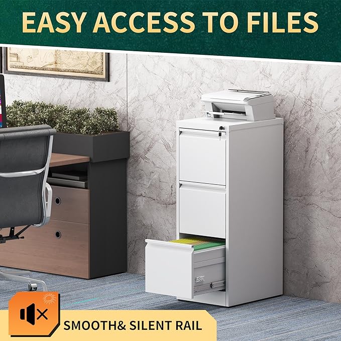 3 Drawer File Cabinet with Lock, Steel Vertical Filing Storage Cabinet for Home Office, Heavy-Duty File Cabinets for Letters/Legal/A4 (Require Assembly, White)