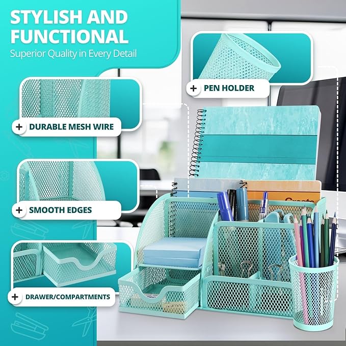 Flexzion Desk Caddy Organizer Set (Green) - Metal Mesh Desktop Caddy with Drawers, 6 Compartments, and Pencil Holder for Women & Men - Desktop Organizer and Storage for Work or Office Supplies
