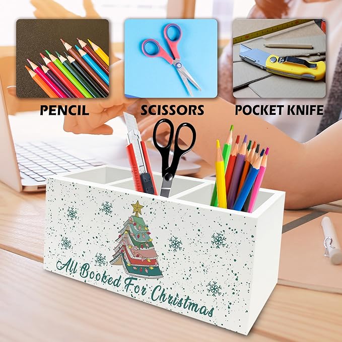 Christmas Book Tree Pen Pencil Holder Organizer for Desk, All Booked for Christmas Wooden Box Signs Decorations for Library Home Office Desk Tabletop, Book Lover Gifts