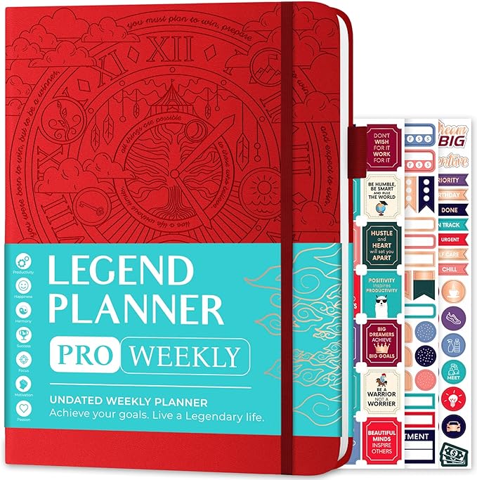 Legend Planner PRO – Deluxe Weekly & Monthly Life Planner to Increase Productivity and Hit Your Goals. Time Management Organizer Notebook – Undated – 7 x 10" Hardcover + Stickers – Red