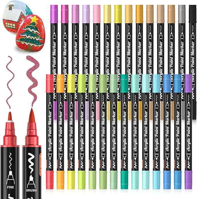 28 Metallic Colors Dual Tip Acrylic Paint Markers, Brush Tip and Fine Tip Acrylic Paint Pens for Rock Painting, Ceramic, Wood, Canvas, Plastic, Glass, Stone, Calligraphy, Card Making, DIY Crafts