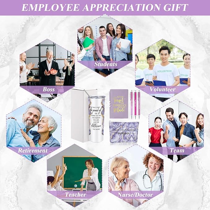 Domensi 6 Pcs Employee Appreciation Gift Set for Women Female Thank You Gift May You Be Proud 20 oz Rustic Marble Sign Tumbler Makeup Bag Journal for Teacher Nurse Lady Work Business(Purple)