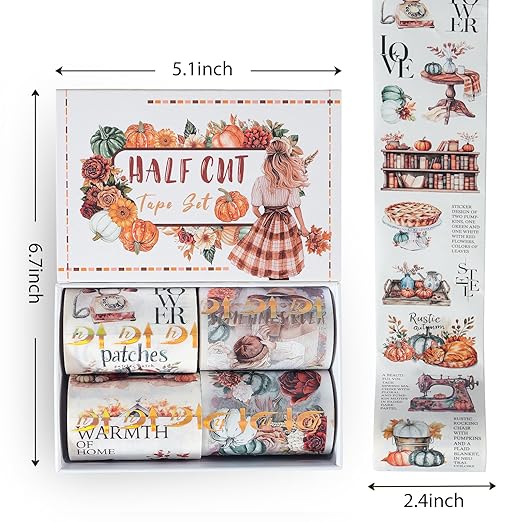 Snycler Pre-Cut Bumper Harvest Themed PET Washi Tapes - Vintage Aesthetic Tape Stickers for Journaling, Scrapbooking, Junk Journals, Crafts, Planners - 4 Rolls
