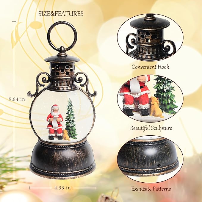 Christmas Snow Globes, Santa Claus and Dog Christmas Lantern with 8 Songs, 6H Timer Battery & USB Powered Glitter Music Box for Christmas Table Decorations Holiday Girl Boy Adults Gifts