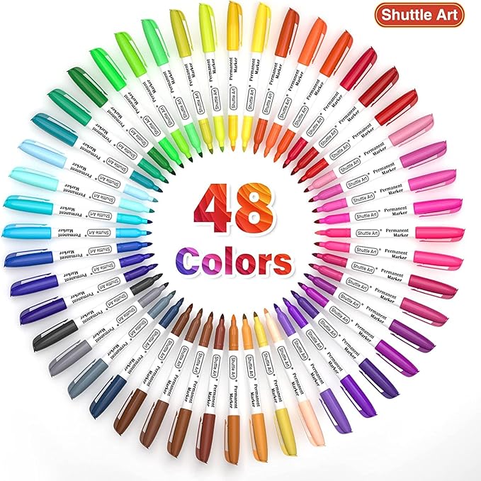 Shuttle Art Permanent Markers, 48 Colors Fine Point, Assorted Colors with Travel Case, Ideal for Adults Coloring Doodling on Plastic, Glass, Wood and Stone, Gift for Kids
