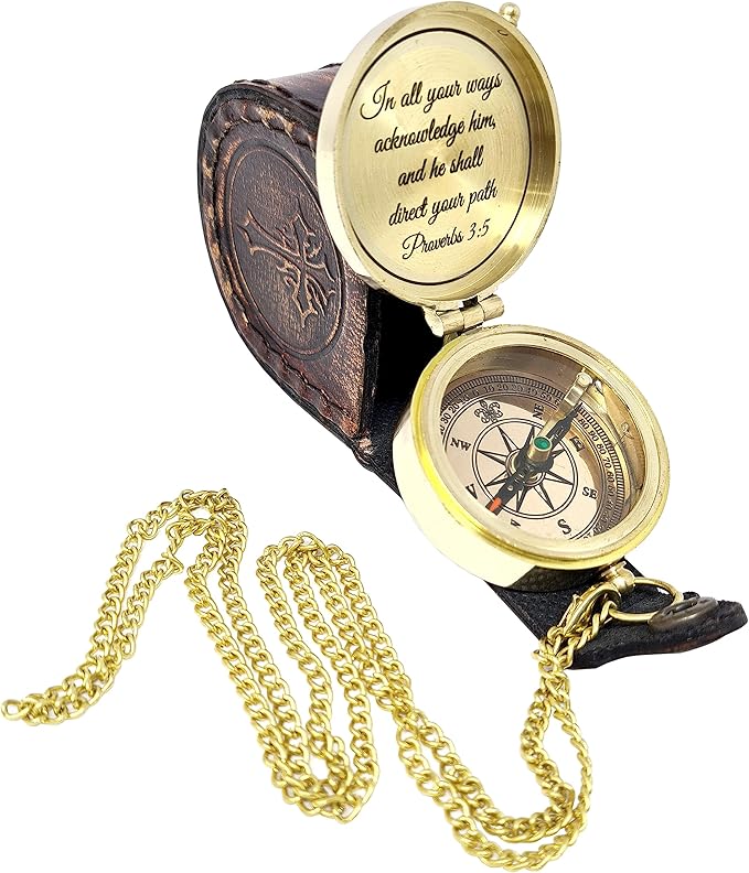 Brass Compass Engraved with Religious Scripture Verse - Ideal Gift for Son, Grandson, Daughter - Perfect for Baptism, Communion, Church and Graduation Day Present