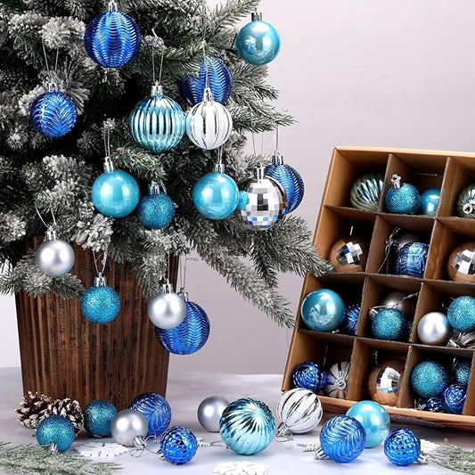 64 Pcs Winter Ball Ornaments Silver Blue Ornament for Tree 1.6/1.97/2.4 Inch Shatterproof Glitter Matt Xmas Baubles Assorted Size Winter Wonderland Ornament Decoration for Christmas Tree Party
