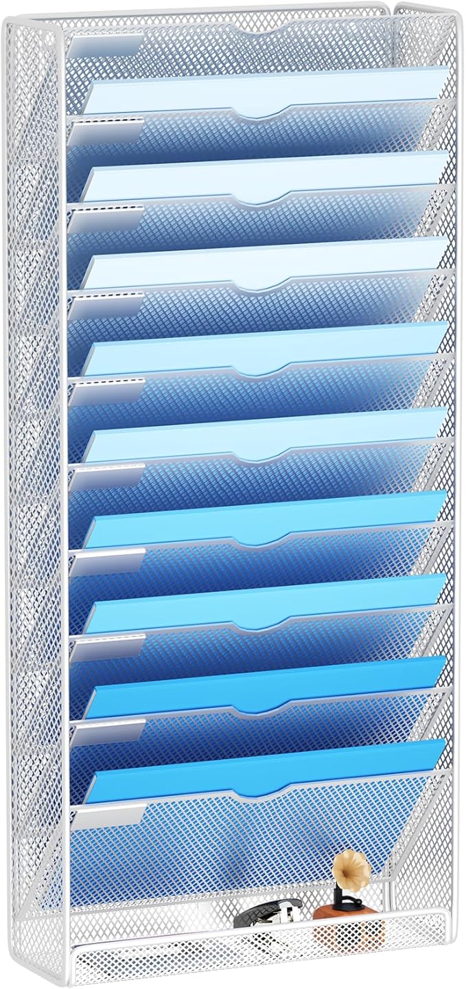 Hanging Wall File Organizer 10 Tier Wall Mounted File Holder Document Wall Organizer Magazine Organization for Office Home, Silver