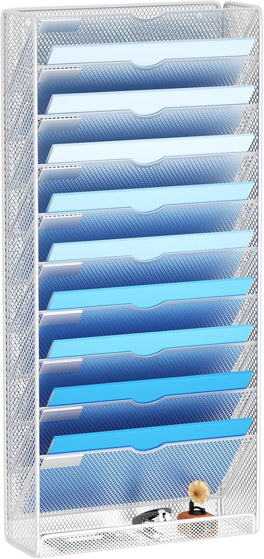 Hanging Wall File Organizer 10 Tier Wall Mounted File Holder Document Wall Organizer Magazine Organization for Office Home, Silver
