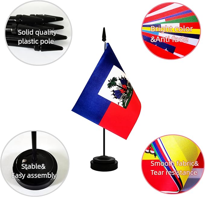 2 Pack Haiti Desk Flag, Haitian Table Office Flag with Solid Pole and Stand Base, International Country Flag, Festival Celebration, Classroom Meeting Desktop Decoration (Haiti)