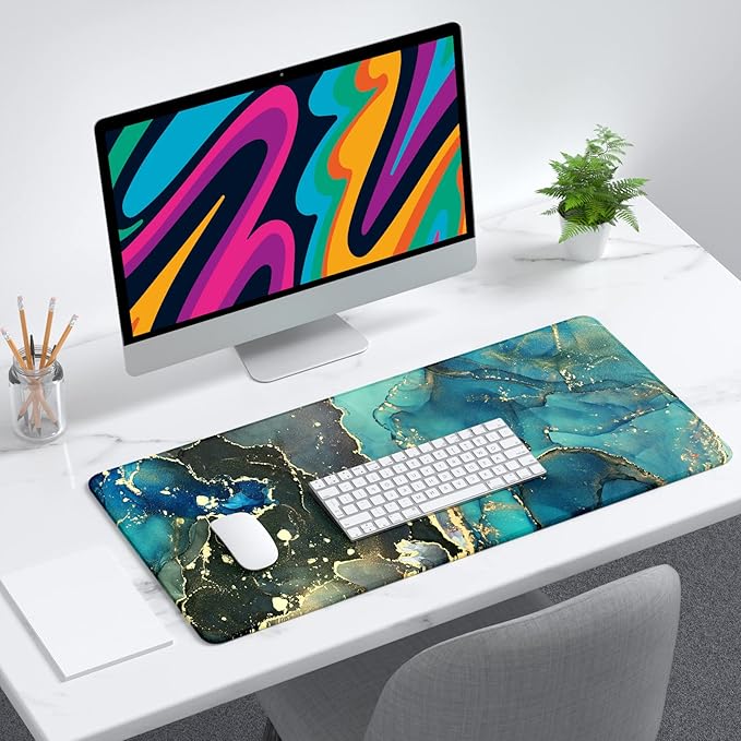 Desk Mat, 32" x 12" XXL Extended Large Gaming Mouse Pad, Desktop Decor Desk Pad, Cute Men Women Office Supplies and Accessories, XL Mouse Mat for Laptop & Keyboard, Teal Marble