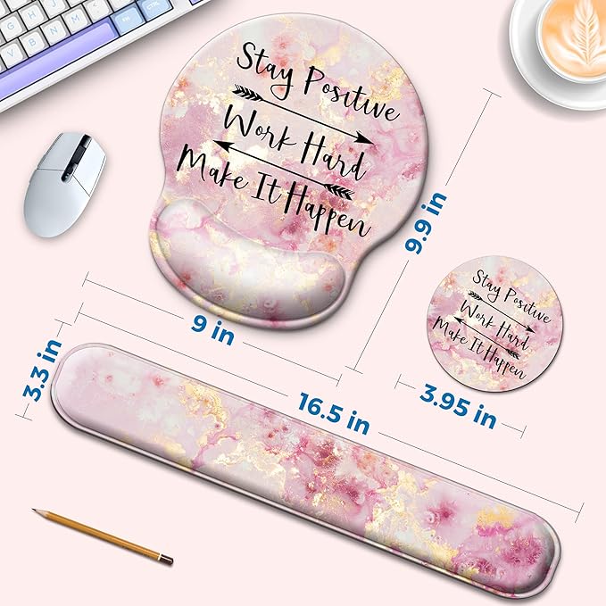 Mouse Pad and Keyboard Wrist Rest Support, with Non-Slip PU Base,Gel Mouse Pad with Coaster,Pain Relief for Gaming, Computer,Office -Pink Positive 2
