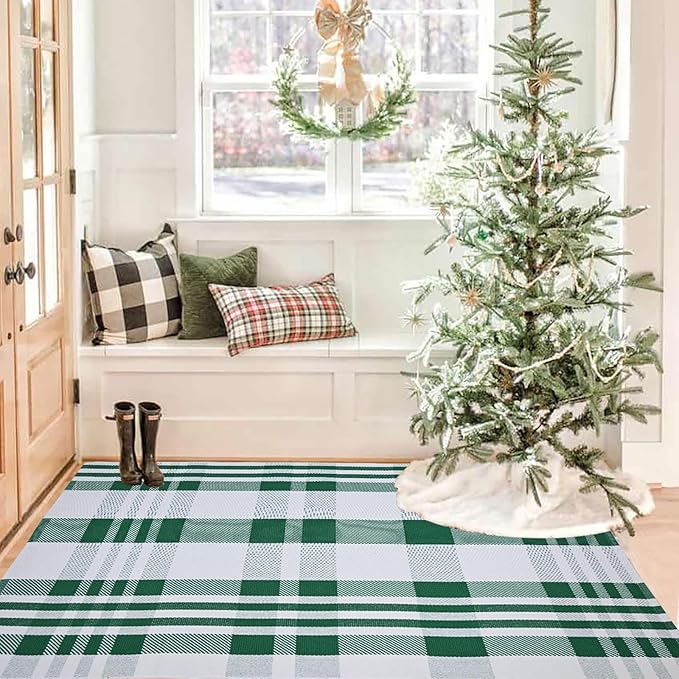 Christmas Plaid Outdoor Rug, 3' x 5' Green&White Checkered Indoor/Outdoor Area Rug, Layering Rug for Hello/Welcome Door Mat, Machine Washable Cotton Woven Rug for Farmhouse Front Porch, Entryway