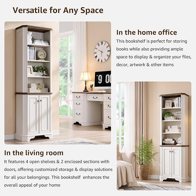 T4TREAM 6-Tier Bookshelf with Storage, 72" Tall Farmhouse Bookcase with Doors and Adjustable Shelves, Wooden Floor Standing Display Book Shelf Organizer for Home Office, Antique White