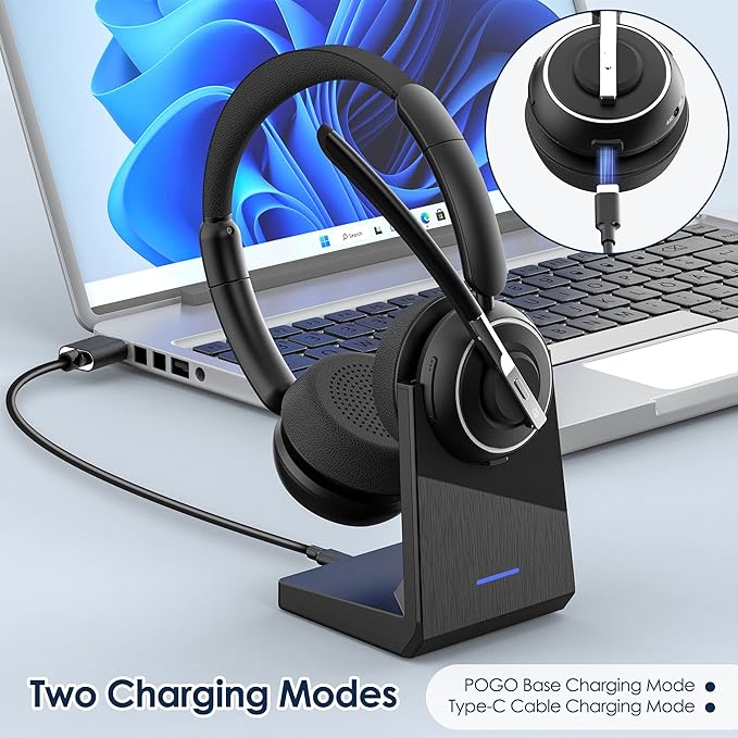 Wireless Headset with Mic for Work, Bluetooth Headset with AI Noise Canceling Microphone with USB Dongle, Charging Base & Mic Mute, Wireless Headphones for Work from Home/PC/Laptop/Computer