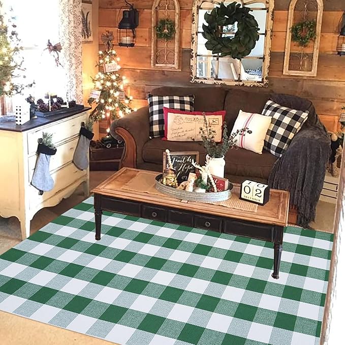 Green & White Christmas Plaid Rug, 4' x 6' Check Indoor/Outdoor Area Rug, Hello/Welcome Door Mat Layering Rug, Machine Washable Cotton Woven Rugs for Farmhouse Front Porch, Entryway