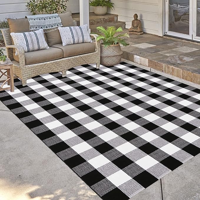 Buffalo Plaid Outdoor Rugs, 5'x7' Black and White Checkered Area Rug, Washable Cotton Woven Indoor/Outdoor Rug for Farmhouse/Patio/Front Porch/Living Room/Laundry Room/Bedroom Décor