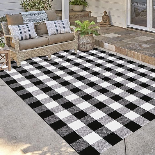 Buffalo Plaid Outdoor Rugs, 5'x7' Black and White Checkered Area Rug, Washable Cotton Woven Indoor/Outdoor Rug for Farmhouse/Patio/Front Porch/Living Room/Laundry Room/Bedroom Décor