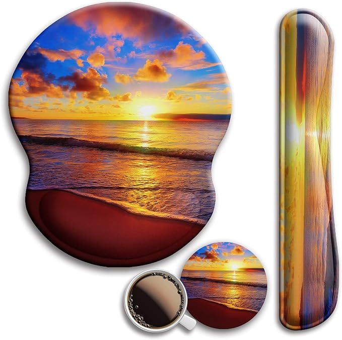 Mouse Pad and Keyboard Wrist Rest Support, with Non-Slip PU Base,Gel Mouse Pad with Coaster,Pain Relief for Gaming, Computer,Office -Sunset Beach