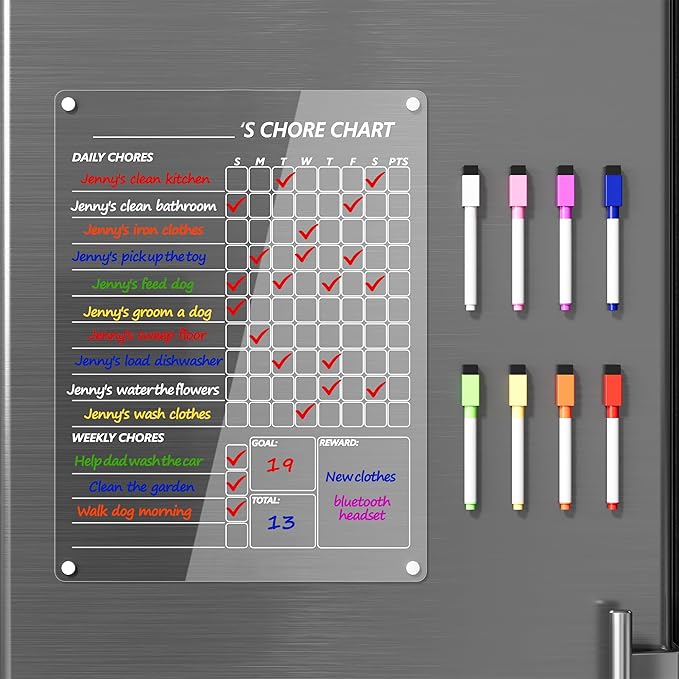 Acrylic Magnetic Chore Chart for Kids, Clear Dry Erase Chores Chart for Fridge Refrigerator, Responsibility Reward Planning Board for Teens Family, w/ 8 Colors Markers, 12"x9"