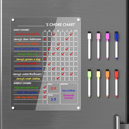 Acrylic Magnetic Chore Chart for Kids, Clear Dry Erase Chores Chart for Fridge Refrigerator, Responsibility Reward Planning Board for Teens Family, w/ 8 Colors Markers, 12"x9"