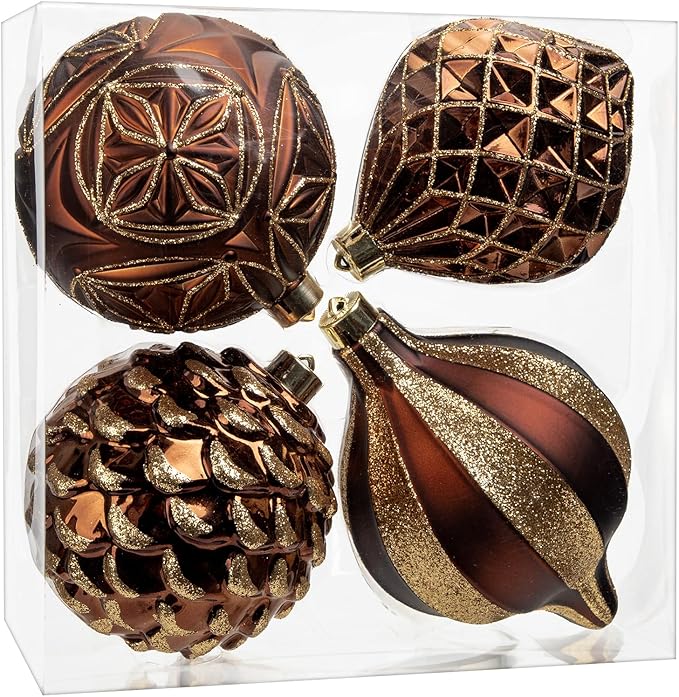 Hollyone 4.7 Inch Large Brown and Gold Christmas Ornaments Bronze Tree Balls 4Pcs Shatterproof Christmas Hanging Ornaments for Xmas Tree Decor Wedding Holiday Party Wreath Home Decor (Brown, 120mm)