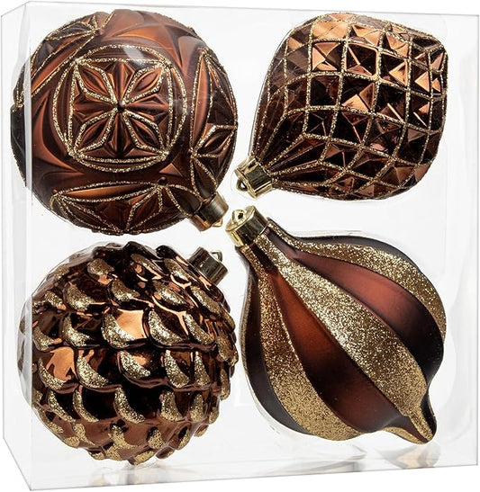 Hollyone 4.7 Inch Large Brown and Gold Christmas Ornaments Bronze Tree Balls 4Pcs Shatterproof Christmas Hanging Ornaments for Xmas Tree Decor Wedding Holiday Party Wreath Home Decor (Brown, 120mm)