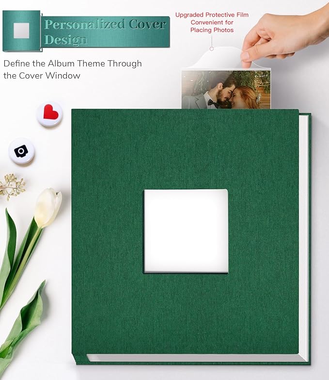 Photo Album Self Adhesive Scrapbook Album for 3x5 4x6 5x7 8x10 Pictures,60 Pages Linen Cover with Display Window DIY Photo Book,Ideal Gifts for Family Travel Wedding Baby