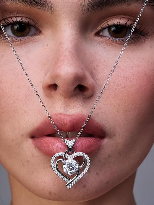 Moissanite Pendant Necklace for Women – 925 Sterling Silver Necklace for Women Heart Pendant, Dainty Silver Jewelry Gift Box for Mom Wife Girlfriend – Birthday Anniversary (1-3 CT)