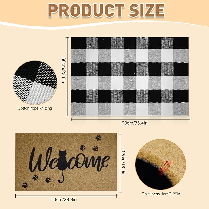 2 Pcs Halloween Welcome Door Mat 30 x 17 Inch Black Cat Coir Doormats for Front Door Cat Paw Door Mat Non Slip 2-in-1 Buffalo Plaid Rug for Outside Entrance Porch Home Patio Decor
