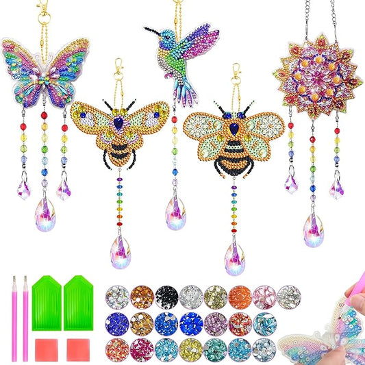 5Pcs Diamond art Kits for Kids/Adults, Crafts for Kids Ages 8-12, DIY Diamond Painting art Wind Chimes Crystal Window Suncatcher Craft, Birthday Gifts for 7 8 9 10 11 Year Old Girls, Home Garden Decor
