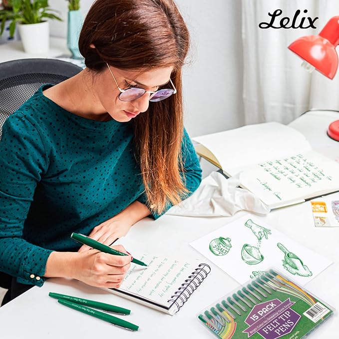Lelix Felt Tip Pens, 60 Green Pack, 0.7mm Medium Point, Felt Tip Markers Pens for Journaling, Writing, Note Taking, Planner, Perfect for School Office and Art Supplies